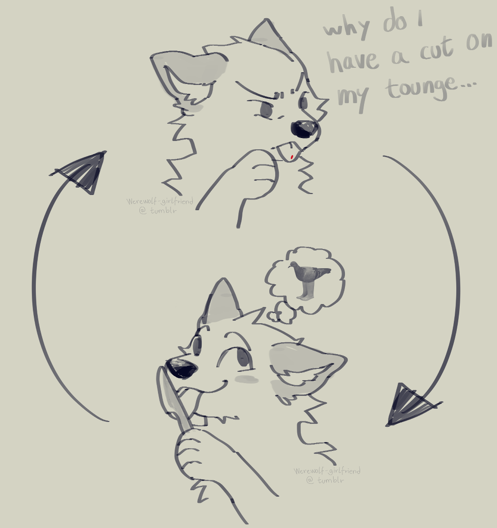 Two sketches of a wolf fursona. The first wears a puzzled, tongue-out expression with the text 'Why do I have a cut on my tongue...'. The second looks blissful as she licks a knife. There are two arrows pointing cyclically between the states of the wolf.